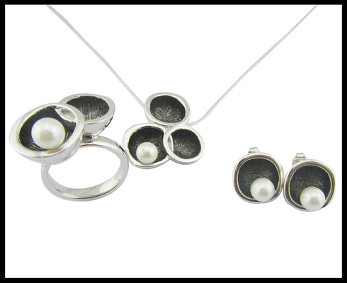 Pearl Round White Pearl Classic Style Zilver 925 Juwelen Set met AAA CZ en Rhodium Plating Sterling Zilver Bruiloft