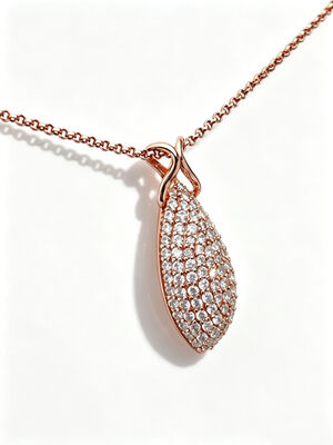 2027 New Teardrop Pendant, Full Micro Pave Stones, Polished Silver Setting, Elegant  Intertwined Bail Design 925 Silver CZ RG 1.5mm Rolo Chain High Sparkle 29mm Height 5.65gram Rose Gold