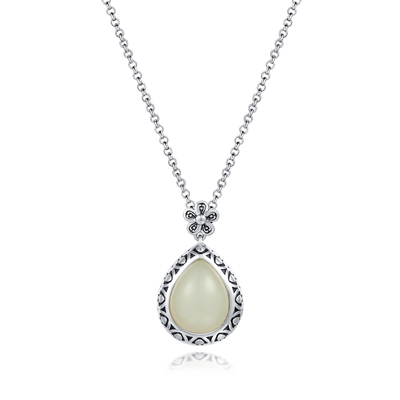 Het bloemslot sneed Witte Jade Pendant 12x15mm Peervormige Zilveren Steentegenhanger