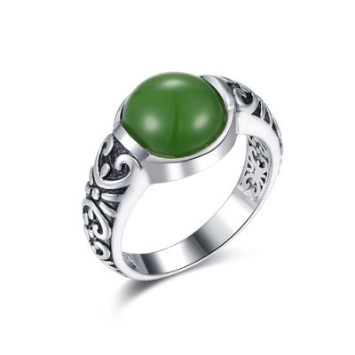 Gesneden Zilveren Halfedelsteen 925 belt 10x10mm Ronde Gevormde Donkergroene Jade Ring