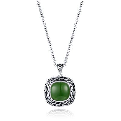 9.48g 925 Zilveren de Parelketting 14x14mm Kussen Groene Jade Pendant van de Halfedelsteentegenhanger