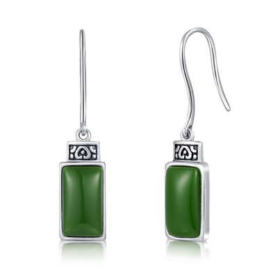 Cabochon 925 Sterling Silver Gemstone Earrings 7x12mm Rectangle Green Jade