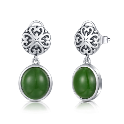 1.54g 925 Sterling Silver Gemstone Earrings 9x10mm Ovale Groene Jade